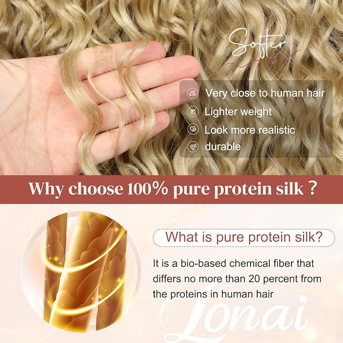 LONAI 4PC Clip in Hair Extensions, 100％ Pure Protein Silk Curly Hair Extension for Women, 26 Inch Long Soft Natural Hair Extensions-Medium Blonde to Light Blonde