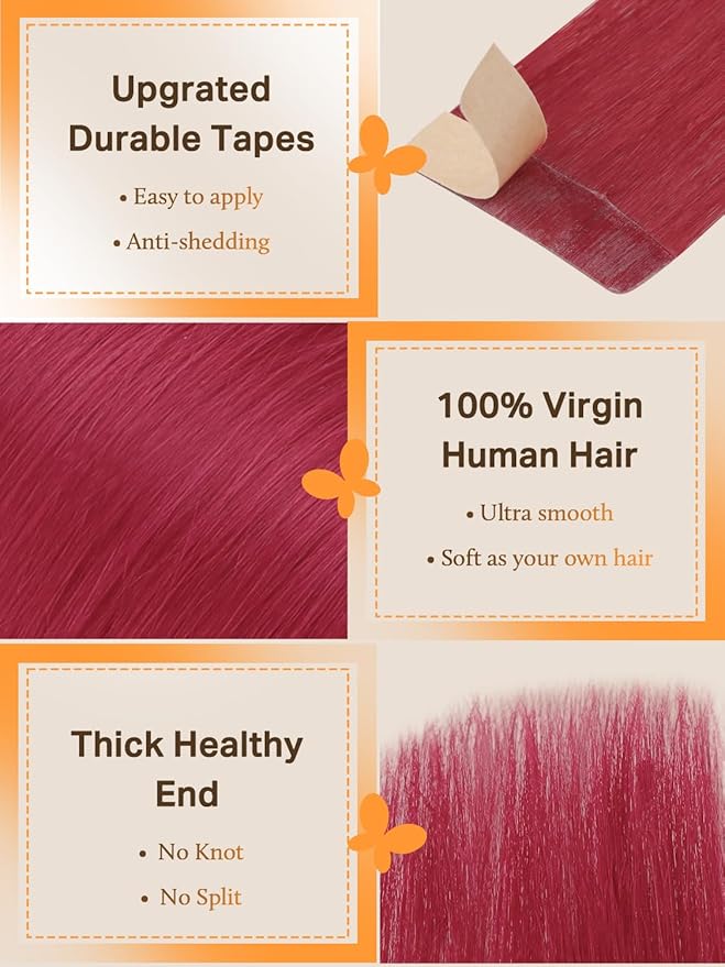 DOORES Hair Extensions Tape in Human Hair, Burgundy Red Tape in Hair Extensions, Real Human Hair Extensions Natural Remy Hair Straight, 25g 10pcs 16 Inch
