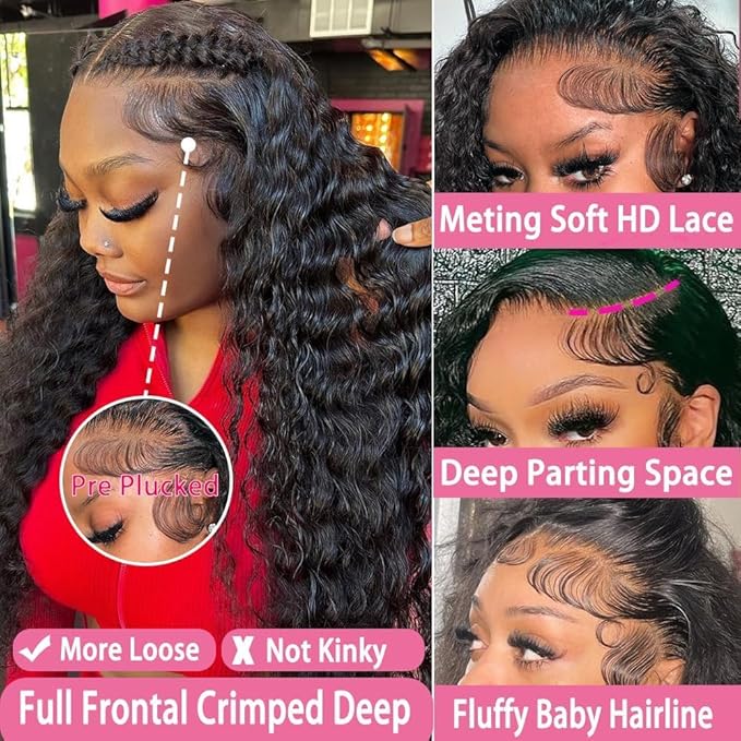 250 Density 36 Inch Deep Wave Lace Front Wigs Human Hair Curly Wig Wet and Wavy Lace Front Wigs Pre Plucked Frontal Wigs 100% Real Human Hair No Synthetic No Tangle No Shedding Triple Lifespan 3X
