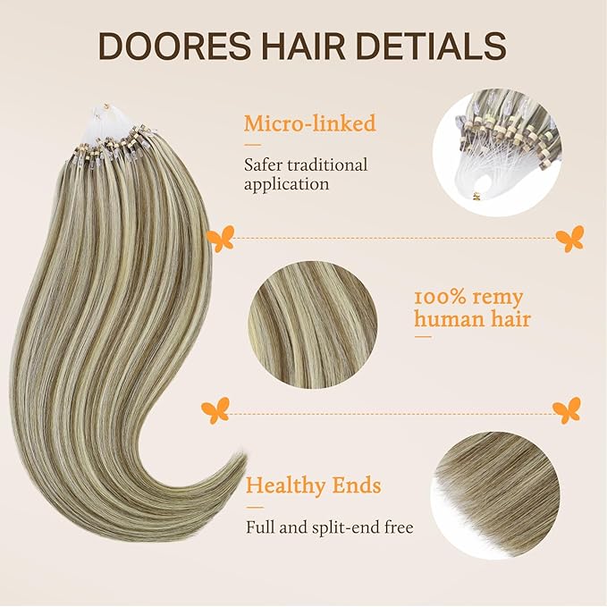 DOORES Micro Ring Hair Extensions Human Hair, Ash Brown to Platinum Blonde 24 Inch 50g/50s, Long Straight Micro Link Hair Extensions Human Hair