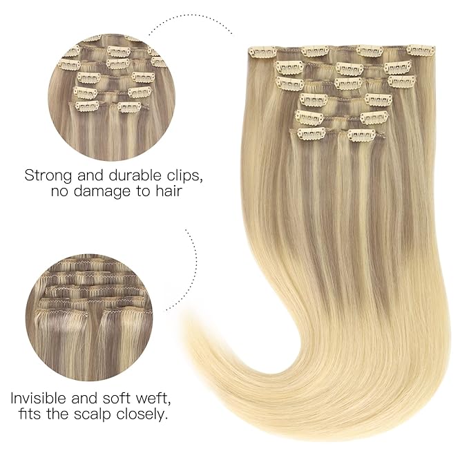 HOTBANANA Human Hair Clip-in Extensions, Ash Blonde to Golden Blonde & Platinum Blonde, 75g, 12 Inch, 7pcs, Real Human Hair, Straight Remy