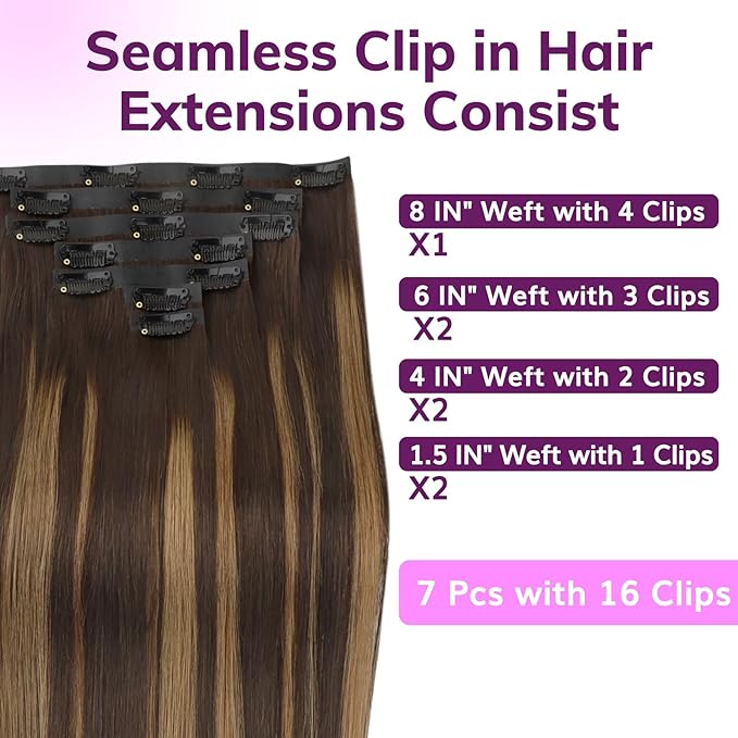 IDN BEAUTY Seamless Clip In Hair Extensions Human Hair 4/27/4 Balayage Chocolate Brown to Caramel Blonde Straight Seamless Clip Ins For Black Women PU Weft Invisible Edge 110g 24 Inch 7pcs