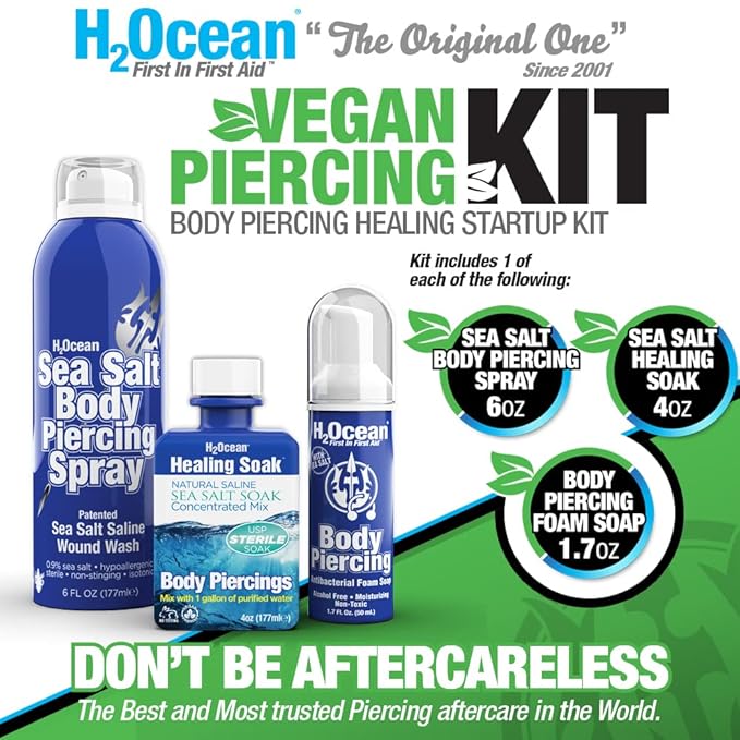 H2Ocean Complete Sea Salt Saline Vegan Body Piercing Healing and Cleansing Kit for Ear, Nose, Bellybutton, and All Body Piercings