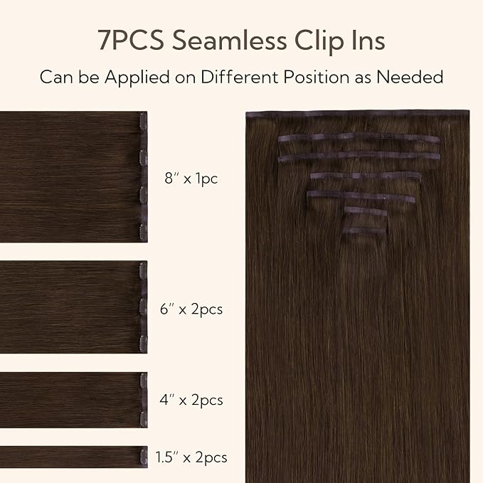 HOTBANANA Seamless Clip in Hair Extensions, 16 Inch 110g 7pcs Chocolate Brown Invisible PU Skin Weft Straight Remy Human Hair Extensions