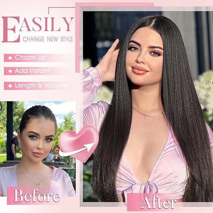 Hair Extensions,Clip in Hair Extensions Darck Brown Long Straight 4PCS Hairpieces Natural Soft Fiber Double Weft Hair for women 22 Inch