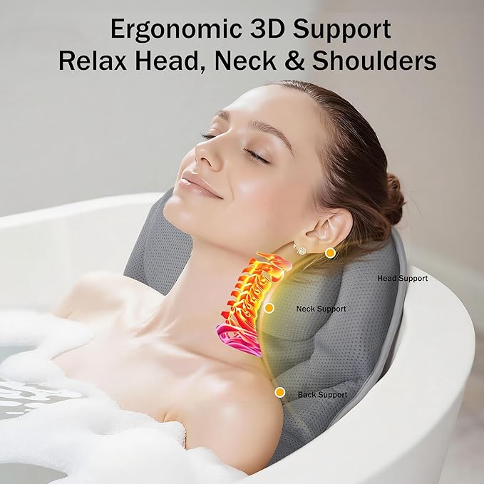 Bath Pillow for Tub - PYRRHIC Luxury Bathtub Pillow 5D Mesh with Neck & Back Support Non-Slip Suction Cups Fast Drying Soft Spa Pillow Relaxing Bath Accessories with Hook Laundry Bag Grey