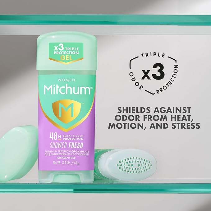 Mitchum Women’s Antiperspirant Deodorant Gel Stick, Shower Fresh Scent, 48HR Sweat & Odor Protection, Triple Odor Defense, Alcohol-Free, 3.4 oz (Pack of 2)