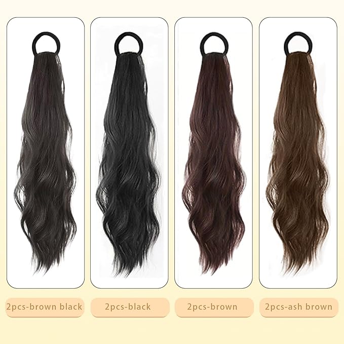 2PCS Curly Ponytail Extension with Hair Tie Hair Natural Wig Elastic Band Wave Fake Ponytail Wigs Accessories for Women Daily 17 Inch (2pcs-black)