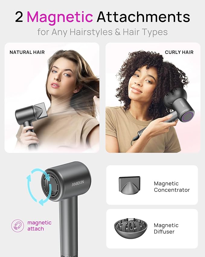 Hair Dryer, High-Speed Ionic Low Noise Blow Dryer for Fast Drying, Birthday Christmas Gifts for Women Men Mom Dad, Thermo-Control Quiet Compact Hair Blow Dryer for Travel Salon, Gray
