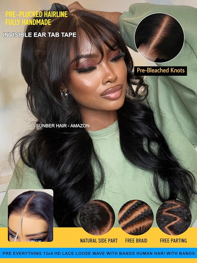 Sunber Put On and Go Glueless Wigs Pre Plucked Pre Bleached Human Hair Loose Wace With Curtain Bangs Bye Bye Knots Pre Cut Lace 13X4 HD Lace Front Wig 16Inch