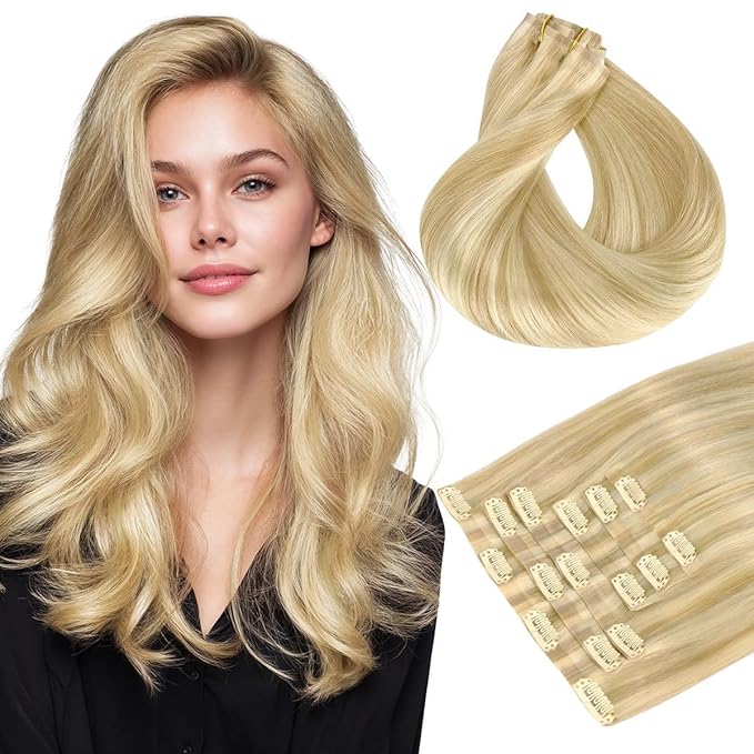 HOTBANANA Seamless Clip in Hair Extensions, 22 Inch 140g 7pcs Light Blonde Highlighted Golden Blonde Invisible PU Skin Weft Straight Remy Human Hair Extensions