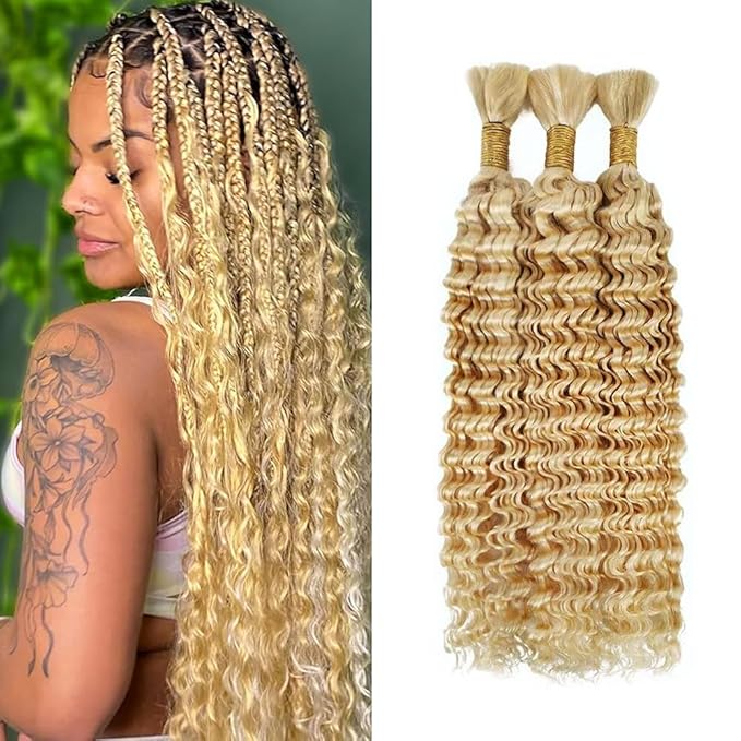 26 inch 613 Blonde Human Braiding Hair for Boho Braids 613 Deep Wave Human Bulk Braiding Hair 150g Honey Blonde Deep Wave 3 Bundles