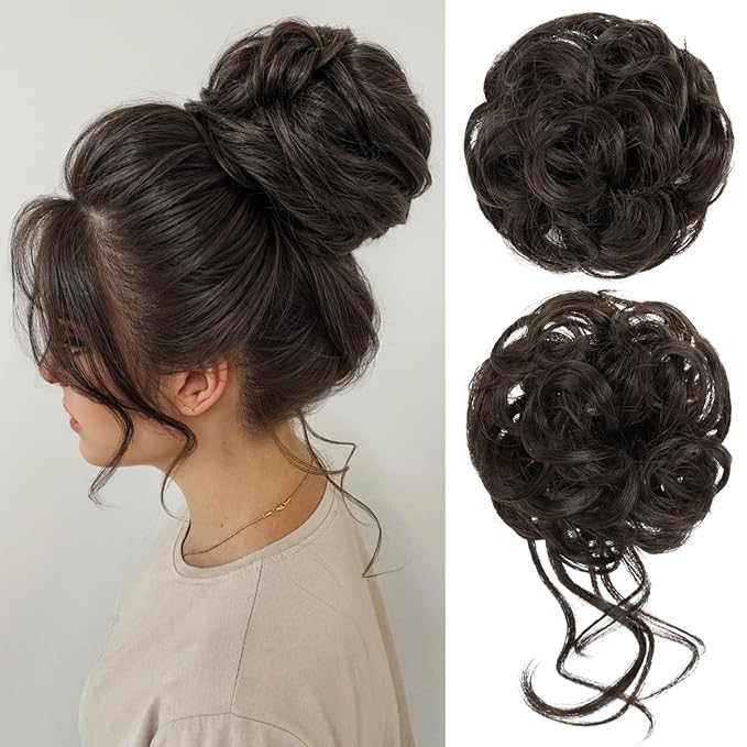 CJL HAIR 2PCS Messy Bun Hair Pieces Wavy Curly Synthetic Updo Chignon Fake Scrunchies Ponytail Extension for Women Dark Brown
