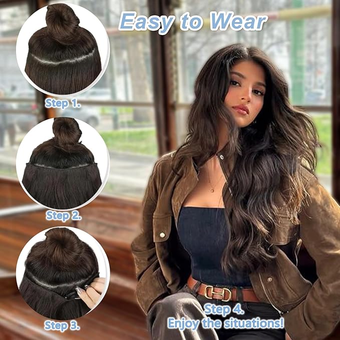 Dark Brown Invisible Wire Hair Extensions Long Wavy Synthetic Hairpiece with 4 Secure Clips for Women 20 Inch Clip in Hair Extensions