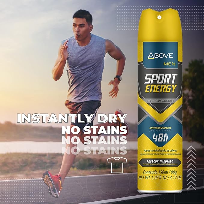 ABOVE Sport Energy - 48 Hours Antiperspirant Deodorant for Men - Woody, Floral Fragrance - Dry Spray Protects Against Sweat and Body Odor - Delivers Instant Freshness - Alcohol Free - 4 pc
