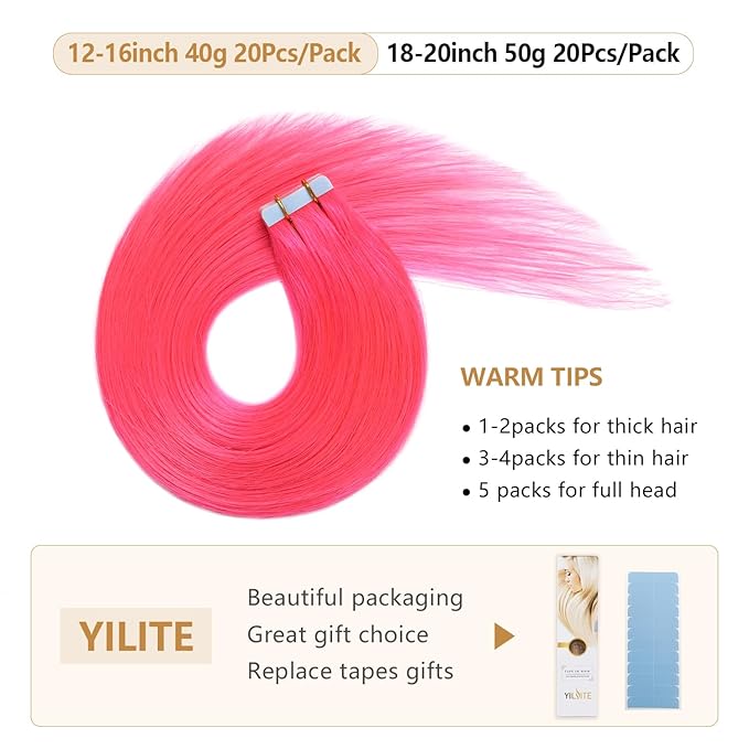 YILITE 20pcs 40G Fashion Pink Tape in Hair Extensions - 14 inch Remy Human Hair Seamless Skin Weft