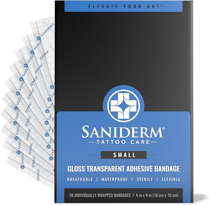 Saniderm Tattoo Aftercare Bandage 10 Sheets (Small Pack, 4 in x 4 in) – Convenient, Faster Tattoo Healing and Protection – Sterile, Waterproof, and Latex-Free