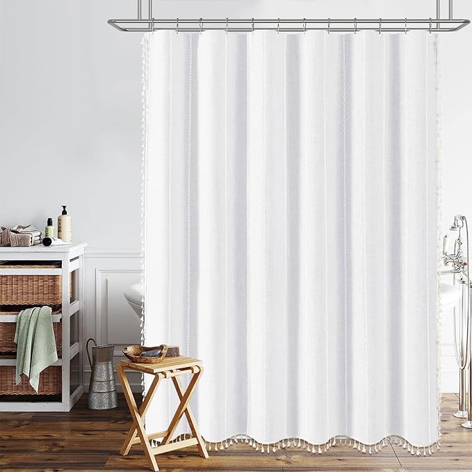 BTTN Stall Shower Curtain - 60x72 Narrow Boho Farmhouse Linen Vintage Striped Fabric Shower Curtain Set with 10 Hooks, Bohemian Cottage Decorative Heavy Duty Shower Curtains for Bathroom - White