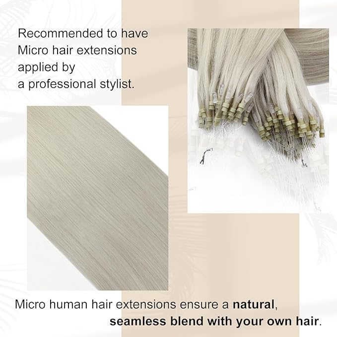 Full Shine Micro Loop Hair Extensions Real Human Hair Ice Blonde Soft Natural Human Hair 14 Inch Microlink Hair Extensions 50G with 7G Micro Beads Cold Fusion Extensions for Women