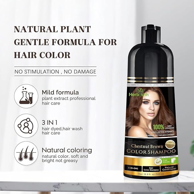 Herbishh Hair Color Shampoo for Gray Hair – Natural Hair Dye Shampoo – Colors Hair in Minutes – Lasts Up To 3-4 Weeks – 500 Ml – 3-In-1 Hair Color – Ammonia-Free | Herbishh (Chestnut Brown)