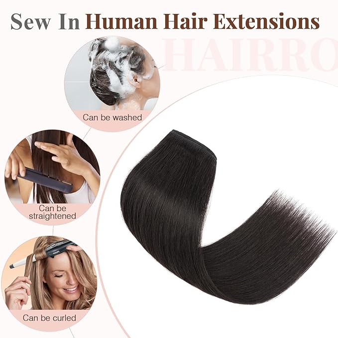 Hairro Sew in Human Hair Extensions Real Hair, 100g/bundle Weave Weft for Women Adding Volume and Length, for DIY Beauty Dating Party, 16 Inch One Bundle Straight Off Black