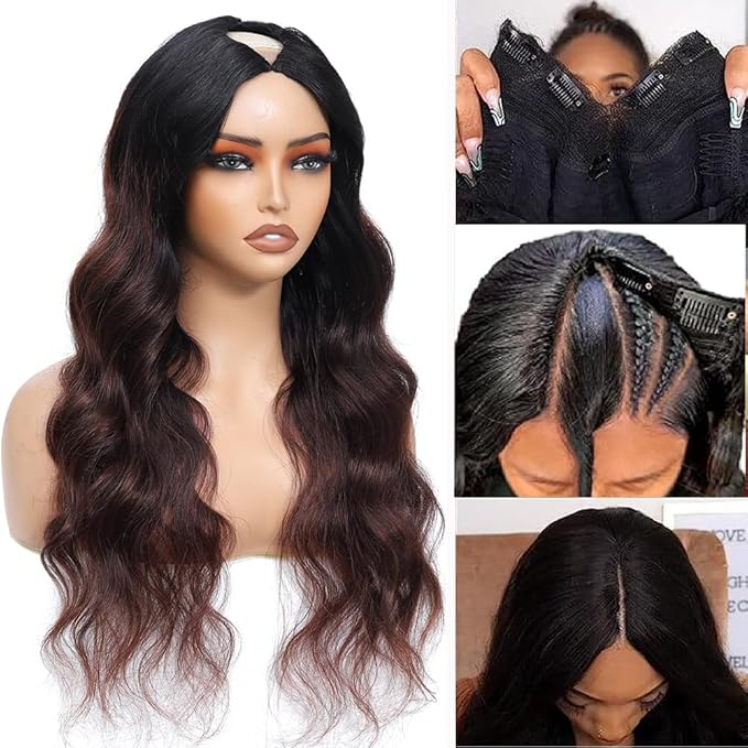 Ombre V Part Wig Human Hair Body Wave Brown Wig Upgrade U Part Human Hair Wig with Clips Glueless Wigs Human Hair Clip in Half Wigs No Leave Out Highlight Wig Human Hair 180% Density 28 inch