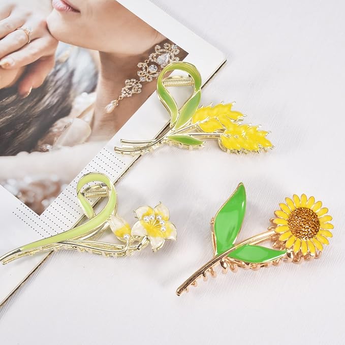 3-Piece Floral Metal Hair Clips, Sunflower Lily Wheat Designs for Thin/Medium Thick Hair, Elegant Barrettes With Strong Hold Non-Slip Clamps, Cute Catch Accessories