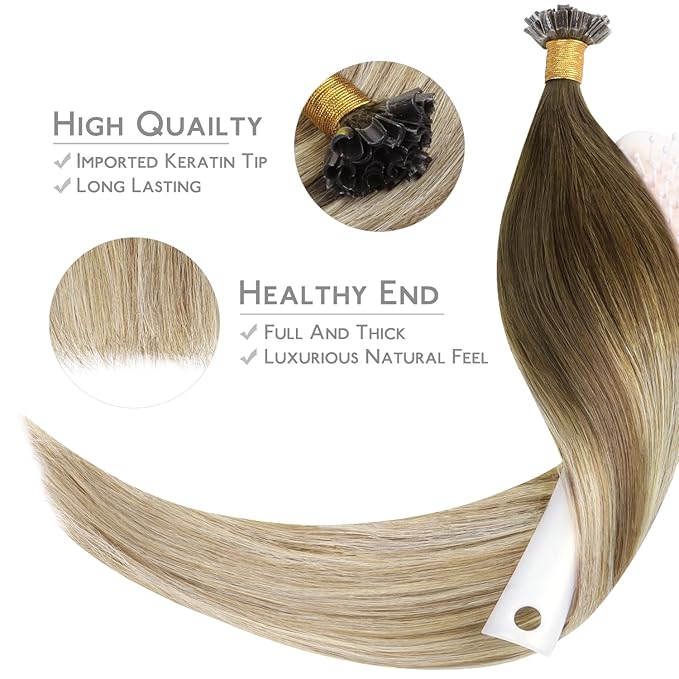 WENNALIFE U Tip Hair Extensions Human Hair, 50g 50s 20 Inch Ombre Walnut Brown to Ash Brown and Bleach Blonde Remy Hair Extensions K Tip Hair Extension Real Human Hair Invisible Straight Keratin Hair
