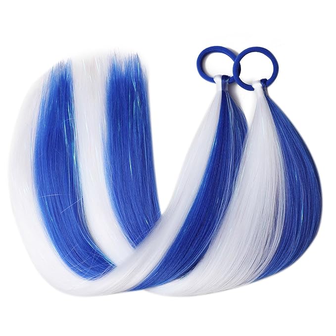 White and Blue Hair Extensions for Braids Ponytail Extension 2 Packs, 20 inch Crazy Hair Day Accessories for Women, DIY Festival Wacky Rave Braids for Women,Tinsel Mixed