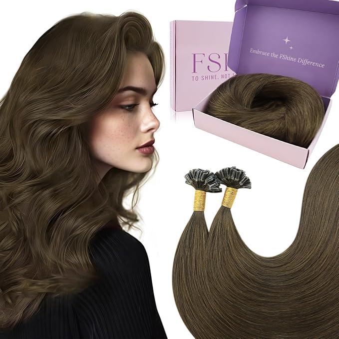 Fshine U Tip Hair Extensions Real Human Hair, Dark Brown 14 Inch 50 g, Hot Fusion U Tip Keratin Bondings, Soft and Silky Texture, Designed to Boost Volume and Length, Effortless Styling for Party