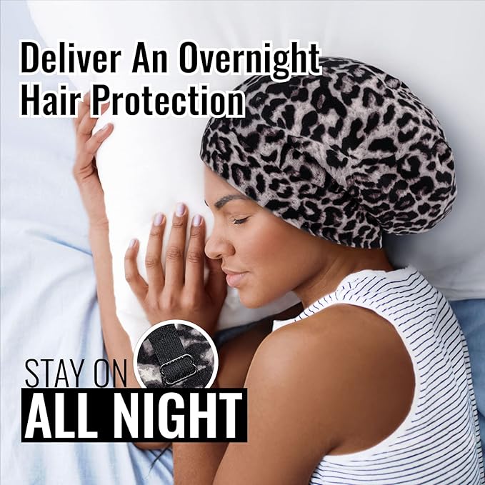 Satin Lined Sleep Cap Bonnet for Curly Hair and Braids, Stay On All Night Hair Wrap with Adjustable Strap for Women and Men, Grey Leopard, Pack of 1
