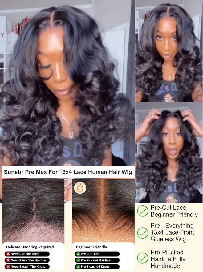 Sunber Body Wave Human Hair Lace Frontal Glueless Wig 13x4 Pre Everything Pre Cut Lace Front Drawstring Wig Bye Bye Knots Pre Plucked with Baby Hair 150% Density 18Inch Pull Go Wigs