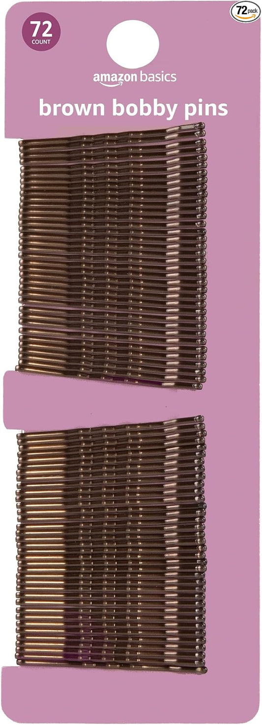 Amazon Basics No Slip Bobby Pins, 72 count, Brunette Brown, High Gloss Bobby Pins for Pain Free, Comfortable, All-Day Styling and UpDos. For All Hair Types