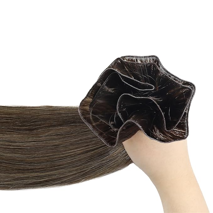 Fshine Sew in Genius Weft Hair Extension Human Hair 14 Inch Brazilian Fading to Light Brown and Darkest Brown Hand Tied Genius Weft Hair Extensions Balayage Sew in Human Hair Extensions 50g