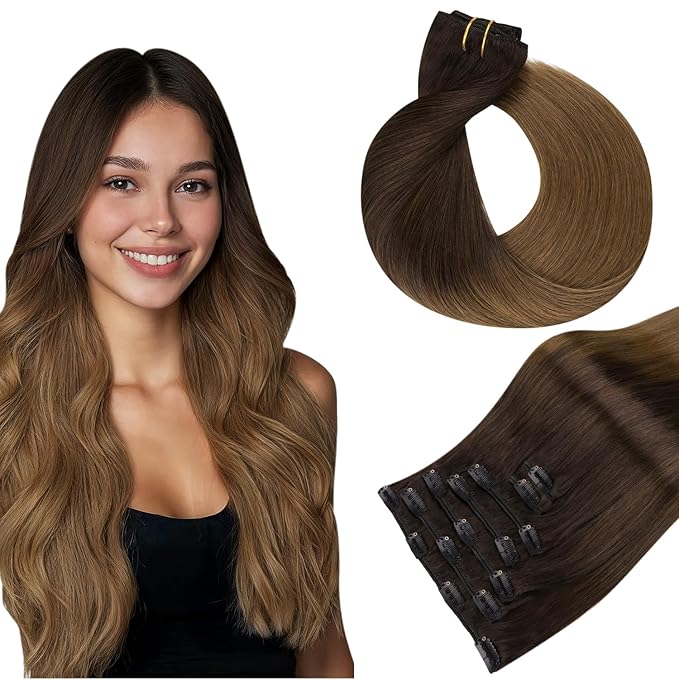 HOTBANANA Clip in Human Hair Extensions, Natural Black to Dark Brown and Chocolate Brown 120g 18 Inch 7pcs, Clip in Hair Extensions Remy Human Natural Straight
