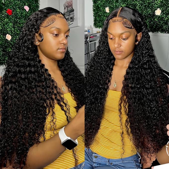 LICHANG Deep Wave 4x4 Transparent Lace Front Wigs Human Hair for Black Women Pre Plucked 180% Density Nature Color 24 Inch