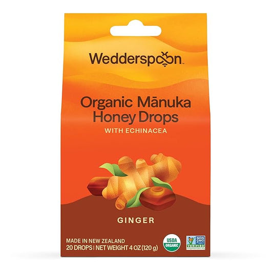 Wedderspoon Organic Manuka Honey Drops, Ginger & Echinacea, 20 Count (Pack of 1) | Genuine New Zealand Honey | Perfect Remedy For Dry Throats