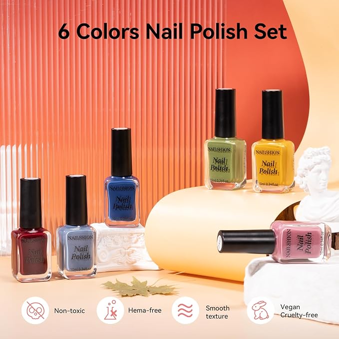 Winter Nail Polish Set, 6 Colors Burgundy Red Yellow Green Grey Quick Air Dry Nail Polish Non Gel, Hema-free, Nail Lacquer Manicure Art DIY at Home Christmas Gift for Women