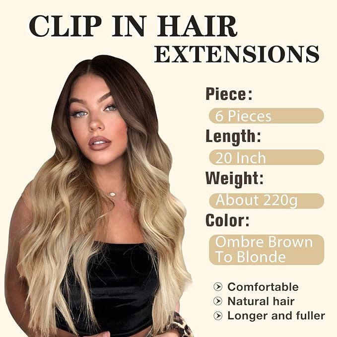 NAYOO Clip in Hair Extensions for Women 20 Inch Long Wavy Curly Ombre Brown to Blonde Hairpieces Full Head Synthetic Hair Hairpieces(6PCS,Ombre Brown to Blonde)
