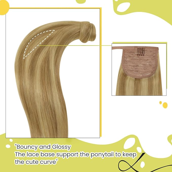 RUNATURE Real Human Hair Ponytail Blonde, 20 Inch Ponytail Extension Human Hair, Long Hair Ponytail Extension, Pony Tail Wrap Around, Remy Natural Hair Add Length, 80g #16P24 Golden Blonde Highlight