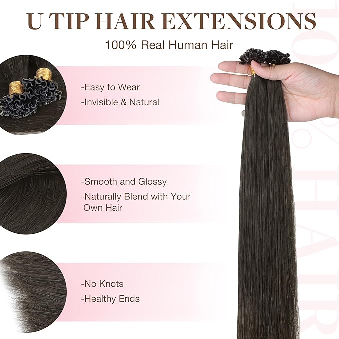 GOO GOO U Tip Hair Extensions Real Human Hair, 18inch 50g 50S, Hot Fusion U Tip Hair Extensions, Invisible Remy, 1C Mocha Brown