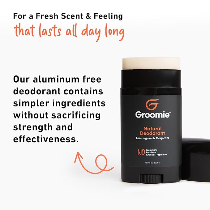 Groomie Aluminum-Free Natural Deodorant for Men & Women, Lemongrass & Marjoram - All-Natural Premium Deodorant & Antiperspirant - Odor-Free & Non-Toxic Deo, Hypoallergenic Suitable for All Skin Type