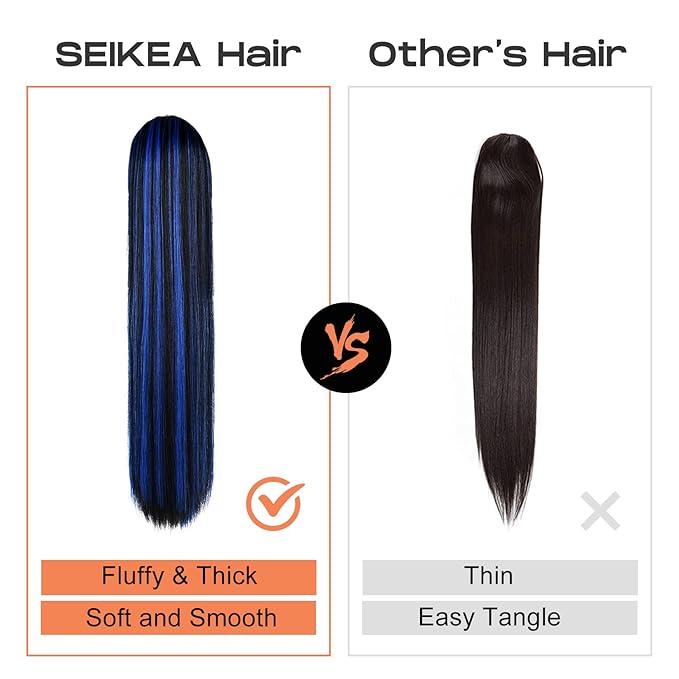 SEIKEA Ponytail Extensions Drawstring Long Straight Fake Pony Tail Natural Soft Clip in Hair Extension Synthetic Heat Resistant Hairpiece 28 Inch Natural Black with Pink Highlights