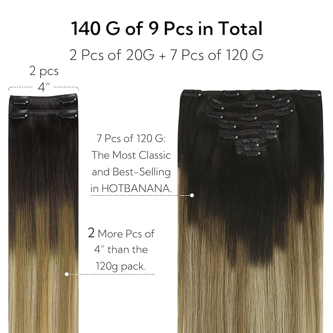 HOTBANANA Clip in Hair Extensions Real Human Hair, 150g 9pcs 20 inch Balayage Ombre Brown to Dirty Blonde Straight Remy Clip in Extensions Full Head for Women