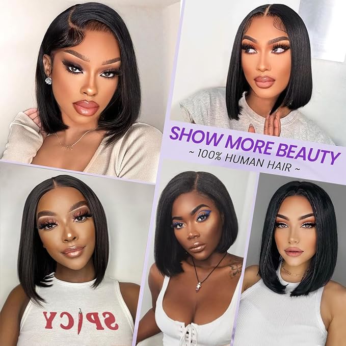 LICHANG 16 Inch 13x4 HD Lace Straight Bob Wig Human Hair 180 Density Short Straight Frontal Bob Wigs for Women