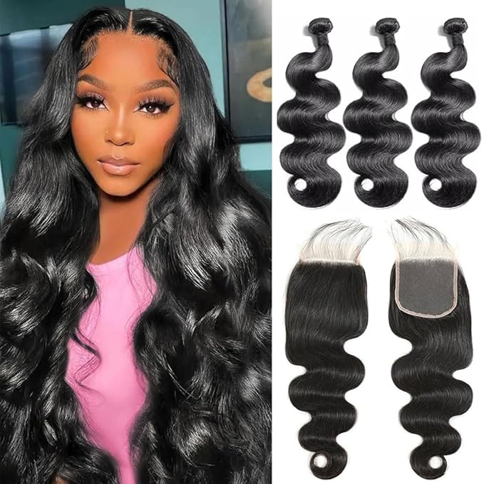 12A Human Hair Bundles with Closure 14 16 18+12 Inch Body Wave Bundles Human Hair Unprocessed Brazilian Virgin Hair Bundles with 4x4 Lace Closure for Women Natural Color