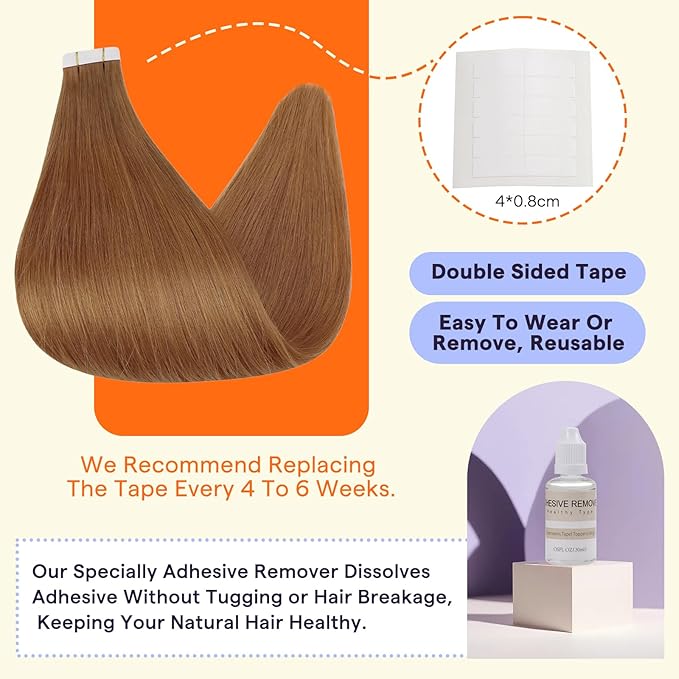 Full Shine Hair Extensions Real Human Hair Color 330 Orange Real Hair 12 Inch Double Sided Tape in Extensions 20PCS Remy Tape Ins Human Hair Extensions Tape Extensions 30g for Party