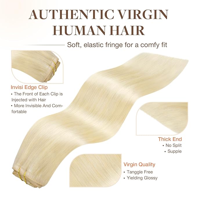 GOO GOO Invisi Edge Clip in Hair Extensions 20inch 130g 7Pcs Injected Seamless PU Clip in Hair Extensions, Virgin Real Human Hair, 60A Platinum Blonde