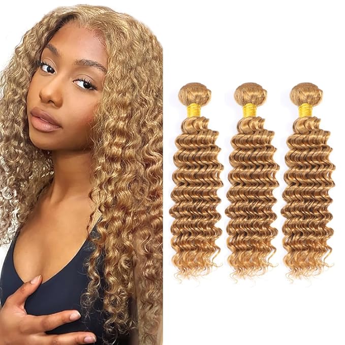 20 22 24 Inch Blonde Bundles Human Hair #27 Honey Blonde Deep Wave 3 Bundle Unprocessed Brazilian virgin hair Weave Extensions Double Weft 50 Grams/Bundle Colored Blonde Bundles for Woman