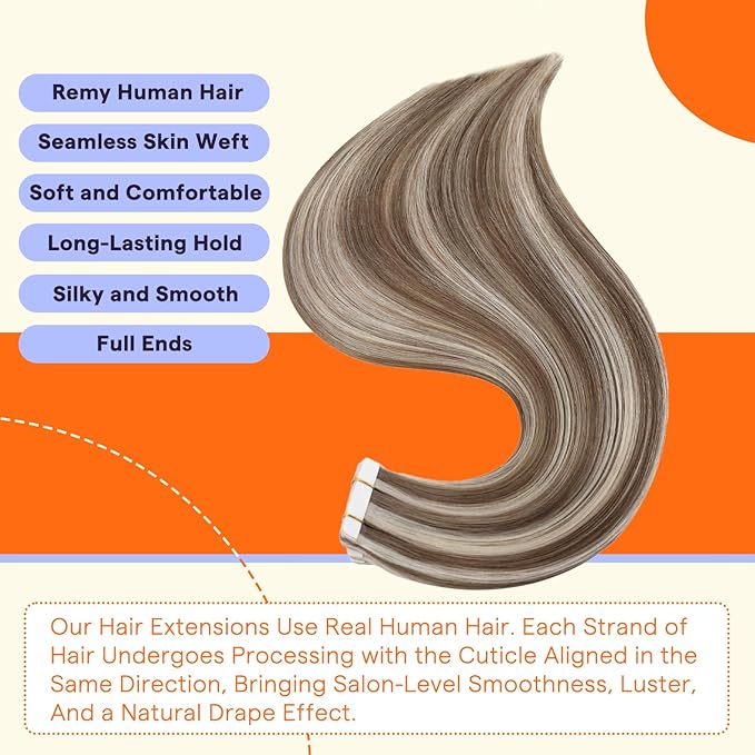 Full Shine Tape in Extensions 12 Inch Double Sided Human Hair Extensions Tape Ins Color 8 Light Brown Highlight 60 Blonde 30g Tape Hair Extensions Real Human Hair 20PCS Add Volume